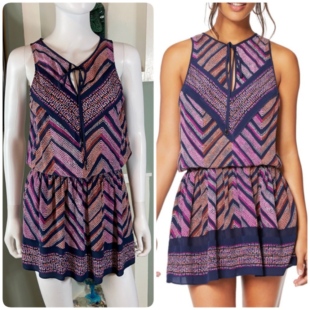 Ramy Brook XS Angelic Pink Berry Combo Sleeveless Chevron Silk Blend Mini Dress
